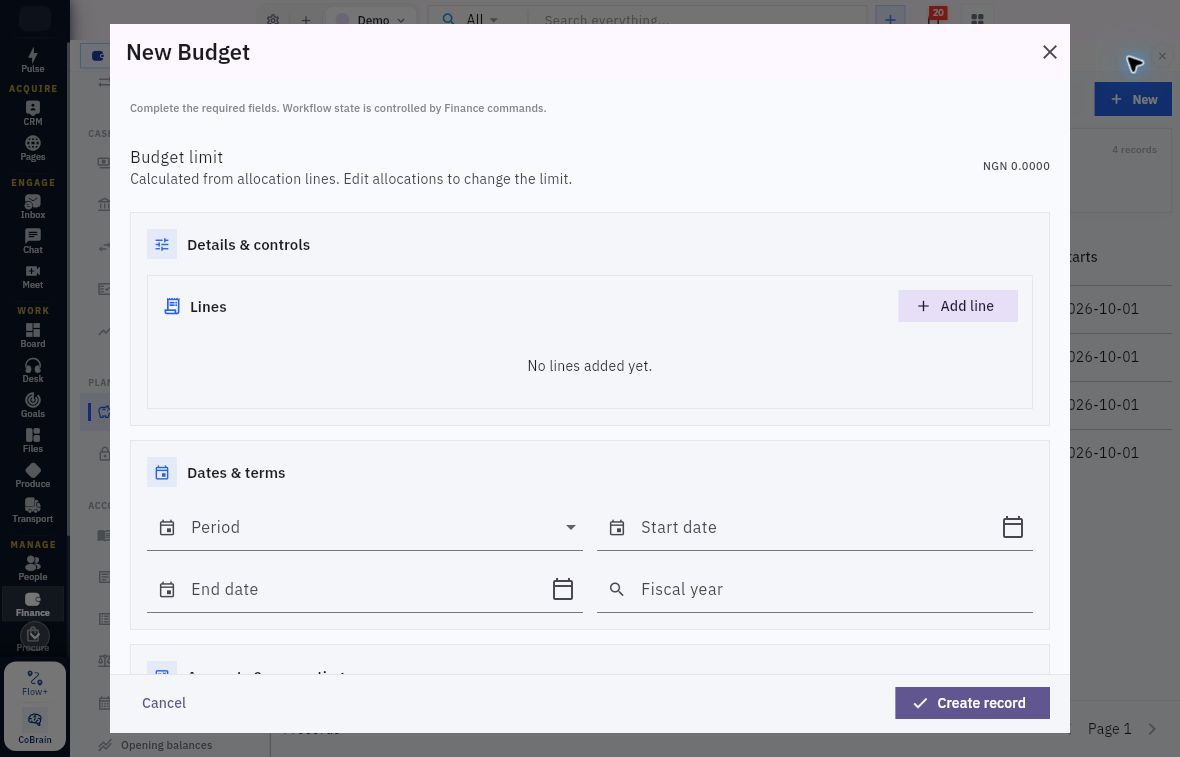 Current New Budget with calculated NGN limit, empty Lines and blank period fields