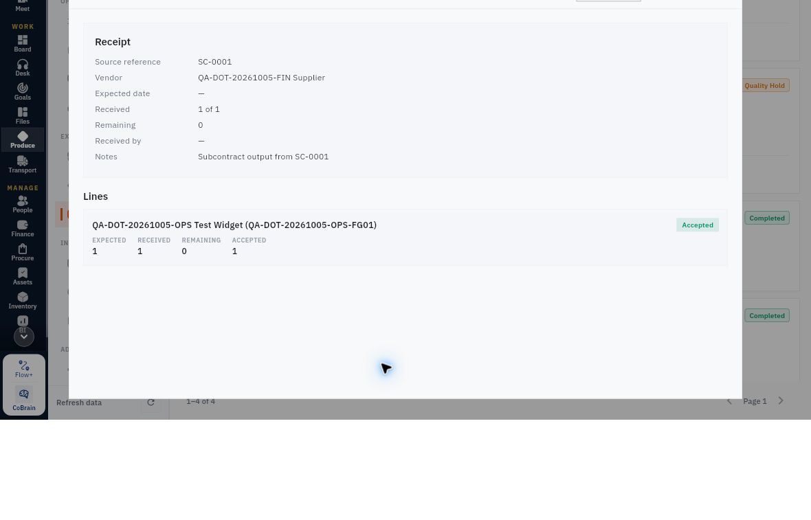The linked receipt identifies its subcontract source and the exact received/accepted item line. Follow Putaway tasks separately to verify the storage movement. Example data shown.