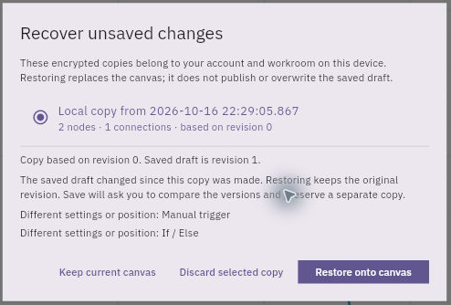 Recovery identifies the local copy's base revision and the newer saved draft. Read the comparison before choosing a canvas replacement or discard action.