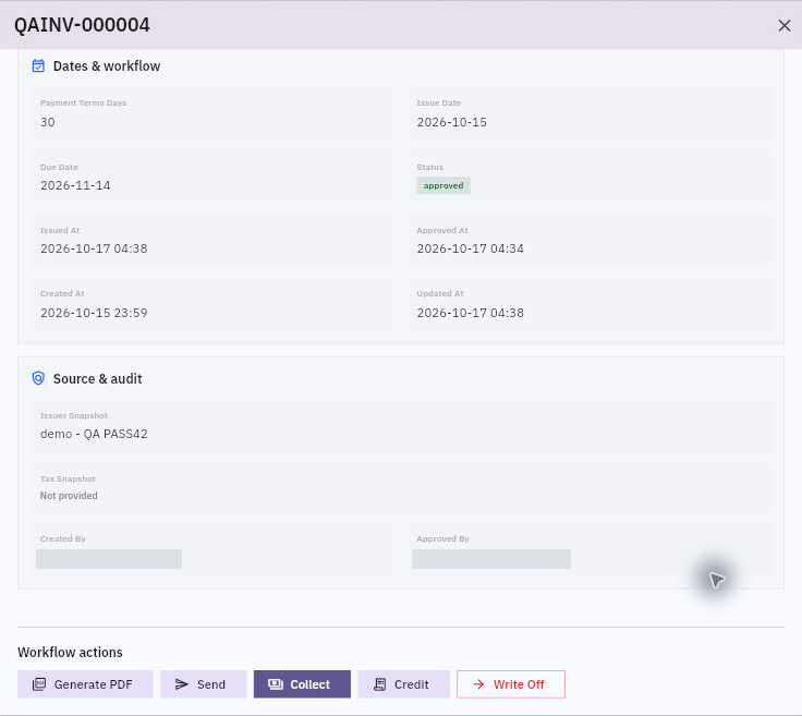 Example invoice showing Approved status and a populated Issued At timestamp