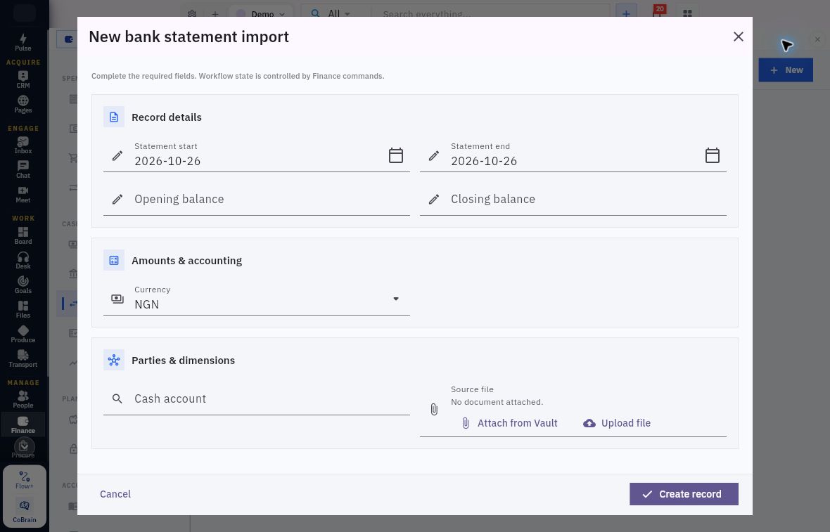 New bank statement import with dates, balances, currency, account and source-file controls