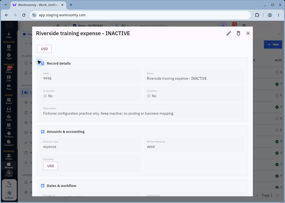 Saved Riverside training account showing code, flags, account type, normal balance and currency