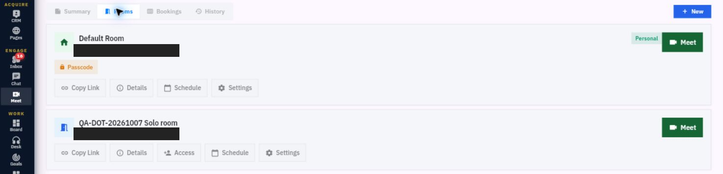 Meet Rooms separates room records and exposes their own entry, link, detail, schedule and settings controls