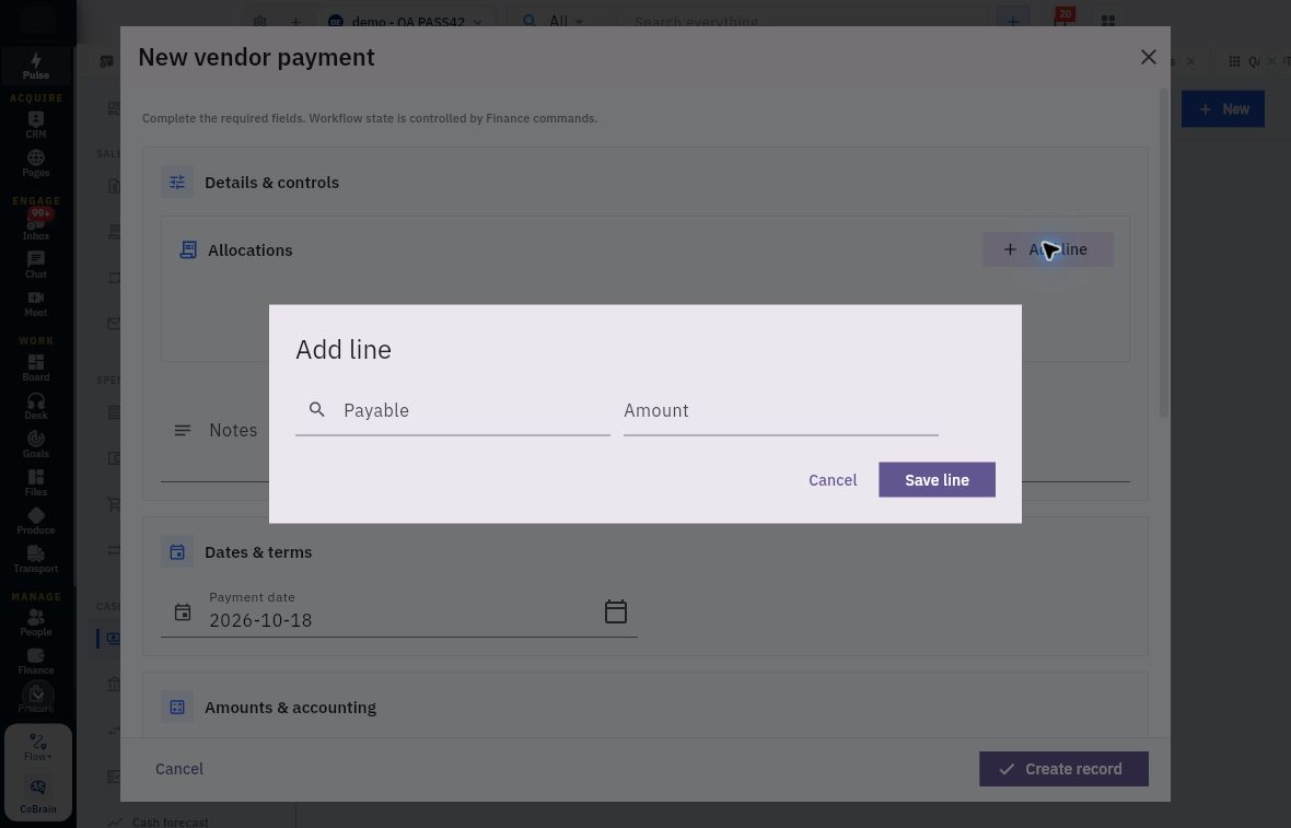 Allocate the payment to the exact payable and amount. The allocation line and payment header are saved separately.