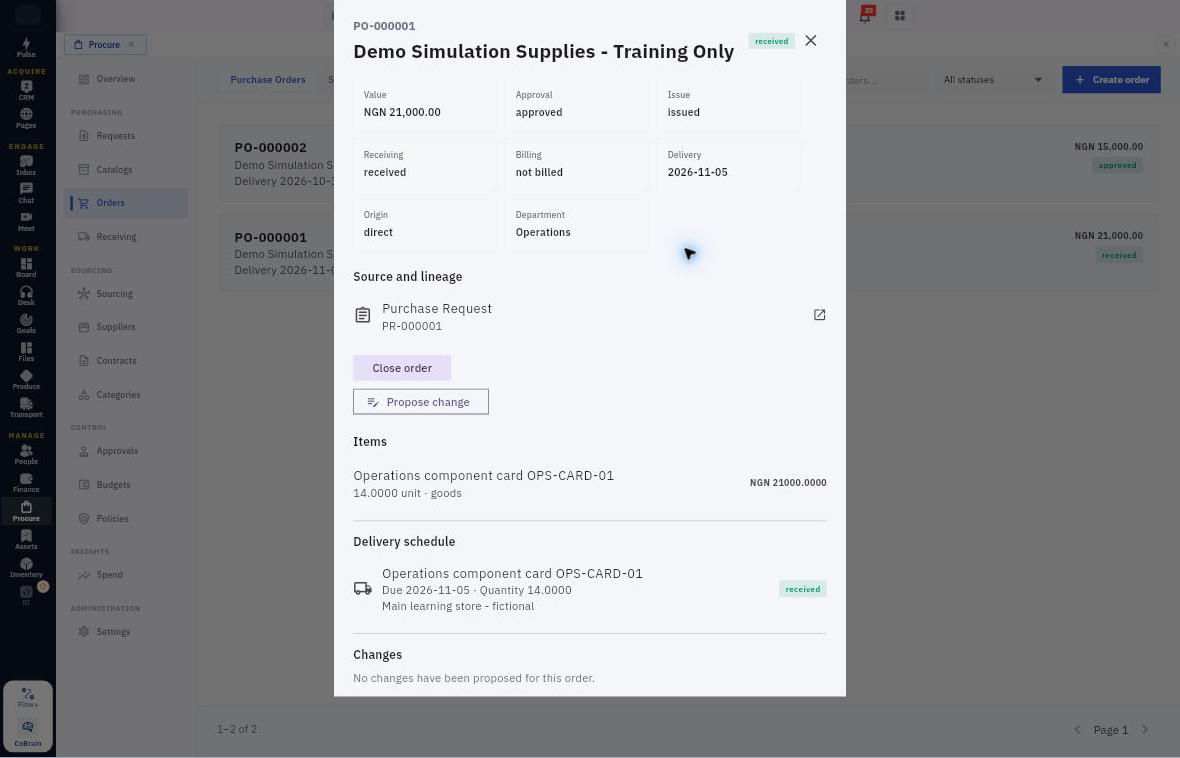 Order detail separates Approval, Issue, Receiving and Billing and retains Source and lineage; this simulated example has reached receiving, not billing.