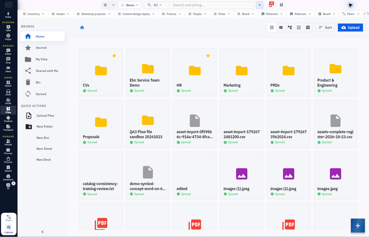 In Files, use Upload Files to add working material, My Files to find your items and Starred for shortcuts. This screenshot shows the Demo workspace.
