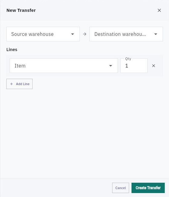 New Transfer records the warehouse route and item quantity; it does not select source or destination bins.