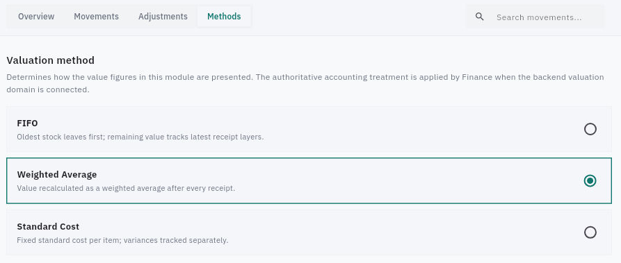 Methods shows the valuation presentation choices and the separate Finance accounting boundary.