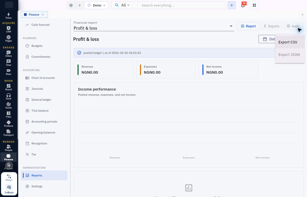 Export report menu with Export CSV and greyed Export JSON