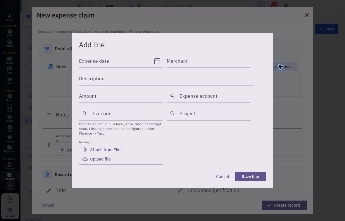Expense claim Add line form with receipt attachment controls