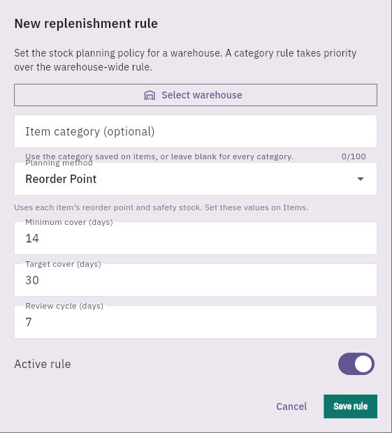 Replenishment-rule form separates warehouse/category scope, method, cover days, review cycle and active state.
