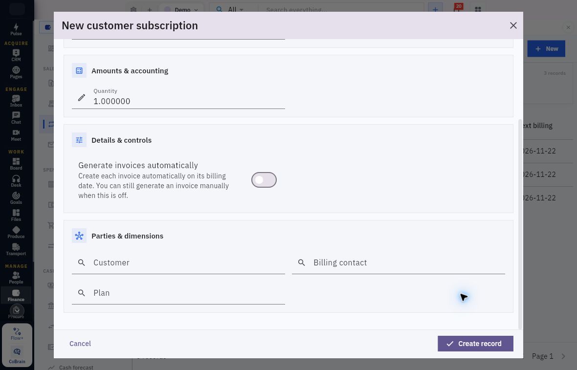 Lower customer subscription with Quantity, automatic generation and Customer, Billing contact and Plan relationships