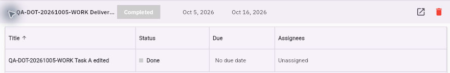 Expand a project to see its linked task rows. Task status, due date and assignees appear in their own columns. Example data shown.