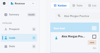 Use the Leads list’s Search to find the saved enquiry, then open the result to check its full details.