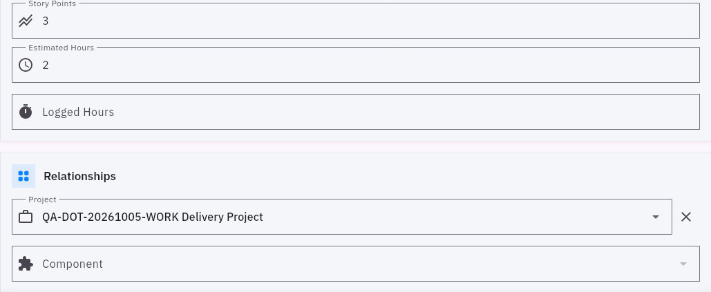 Task effort fields are separate from the Project relationship. Story points describe relative size; estimated and logged hours have different purposes. Example values shown.