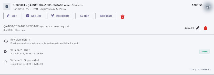 Expand a document to review its line items and revision history, including Current and Superseded versions.