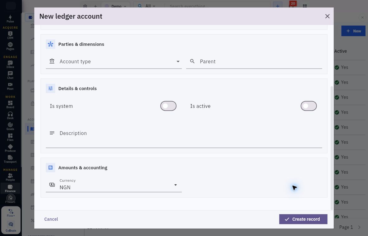 Lower ledger-account form with active/system switches, Description and Currency