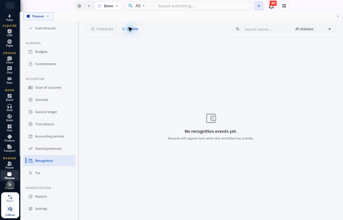 Recognition Events in Demo showing its own search, status scope and empty state
