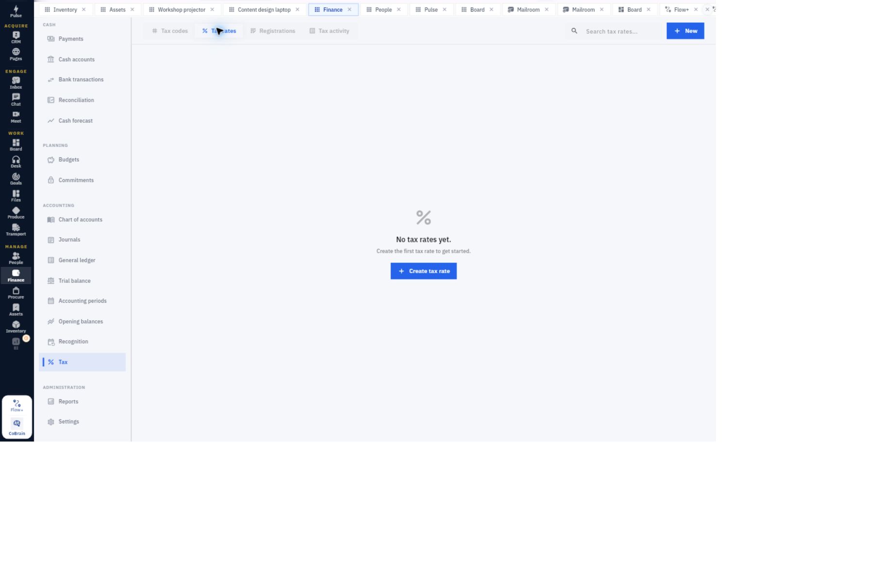 Tax rates tab selected inside the Tax workspace, showing its own search and empty-state controls