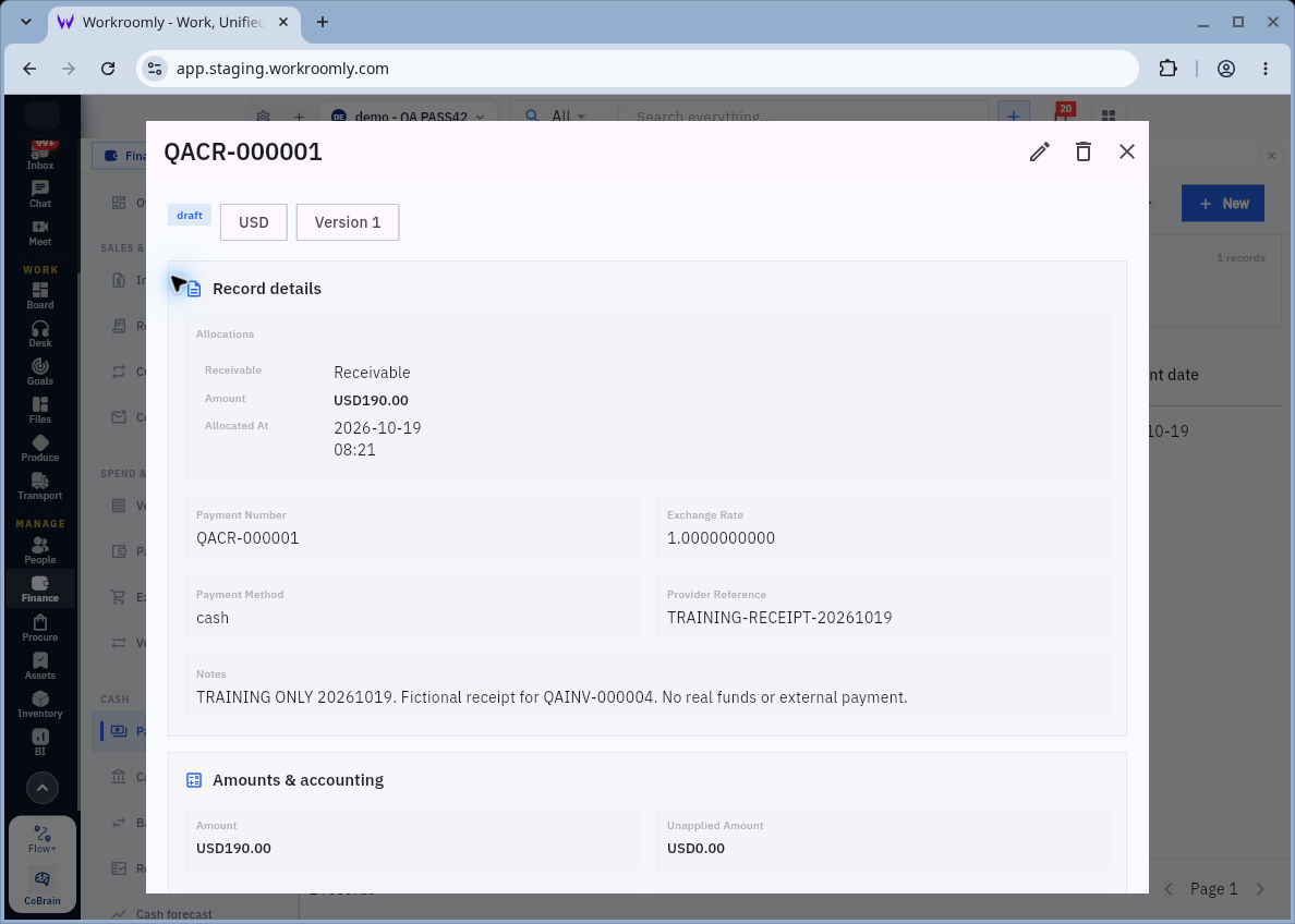 QACR-000001 showing Draft Version 1, a USD190 allocation and Unapplied Amount USD0