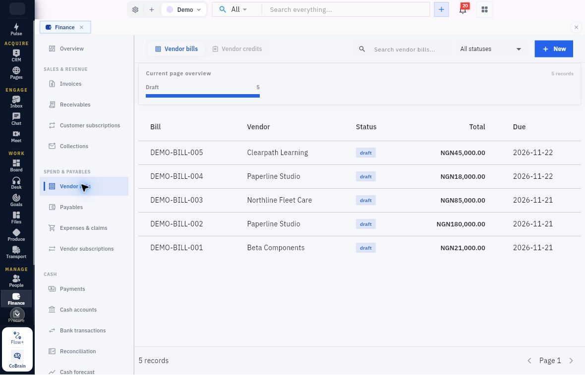 Example Vendor bills register with five Draft records and numeric NGN totals