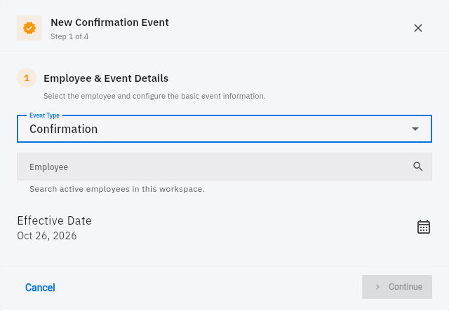 Confirm the actual event type and employee before continuing through the confirmation wizard.