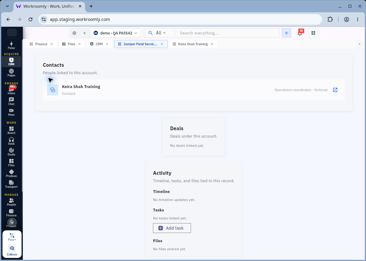 The Account’s Contacts section shows the linked person. Compare this with the Account selected on the Contact.
