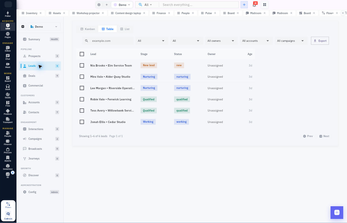 Open Pipeline → Leads to find the local search and quick actions. This example shows sample leads in the Demo space.