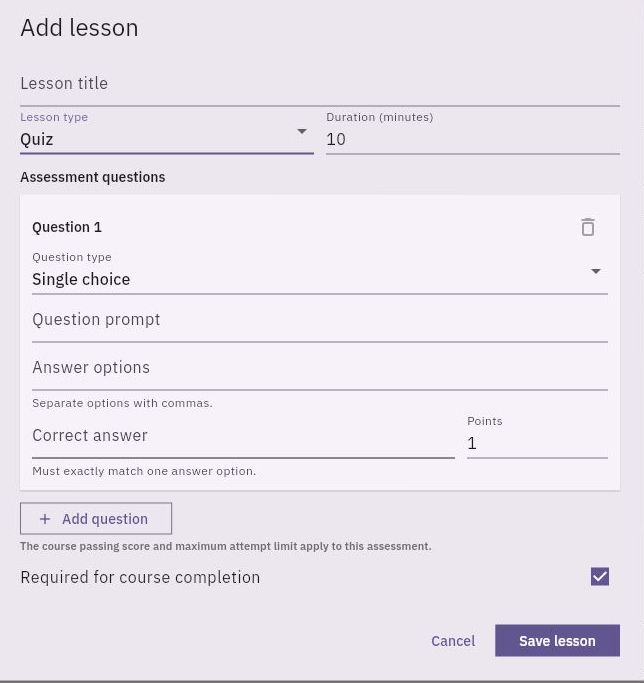 Quiz lesson editor with prompt, comma-separated options, exact correct answer and required-completion control.