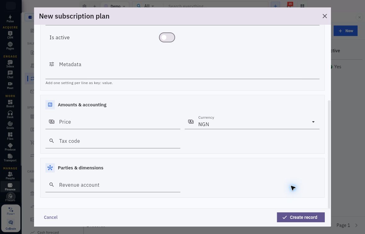 Lower subscription plan with Metadata helper, Price, Currency, Tax code and Revenue account