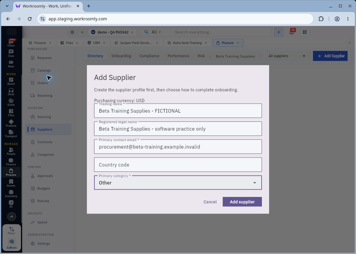 Add Supplier with a declared fictional profile; trading name, legal name and contact email serve different purposes.