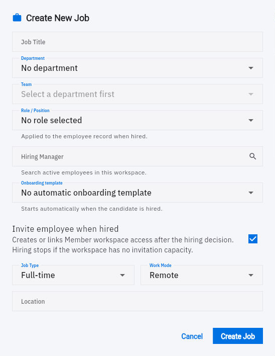 The job form separates department, position, hiring manager, onboarding and member-invitation choices.