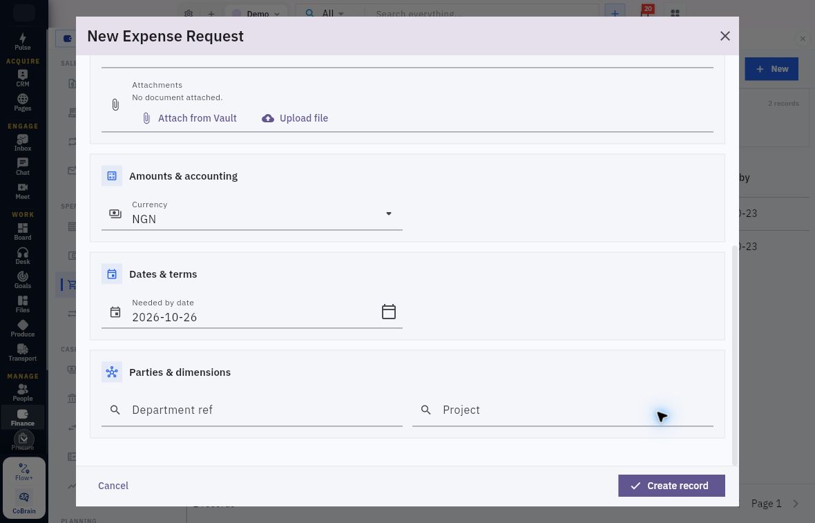 Example pre-spend request lower fields and attachments