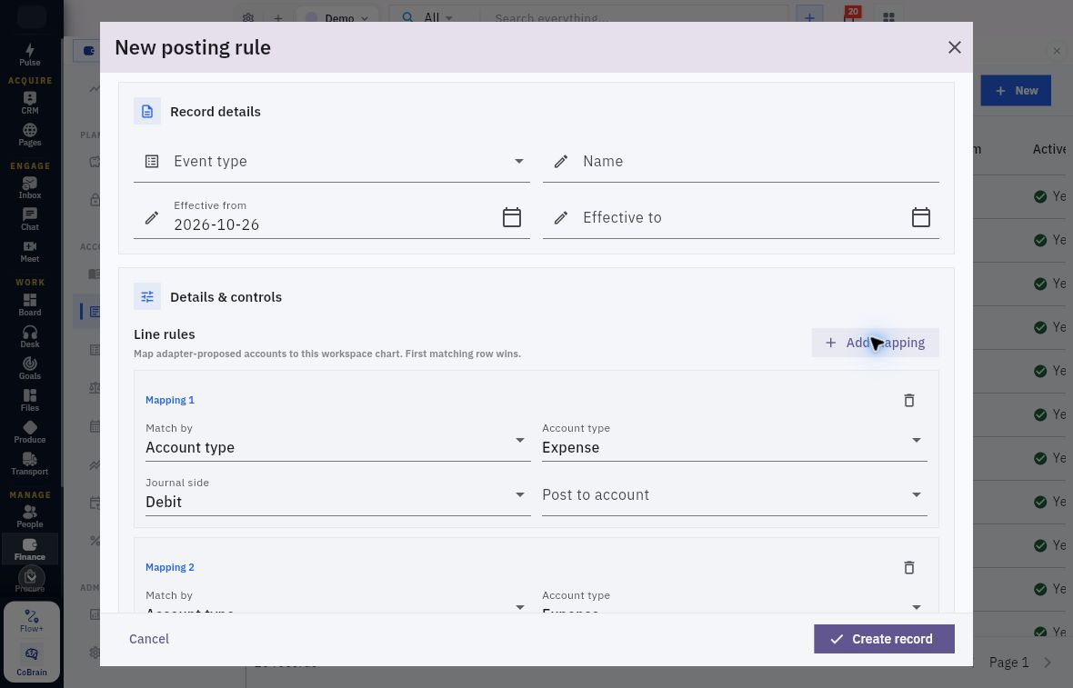 Posting rule with two unsaved mapping rows and destination controls