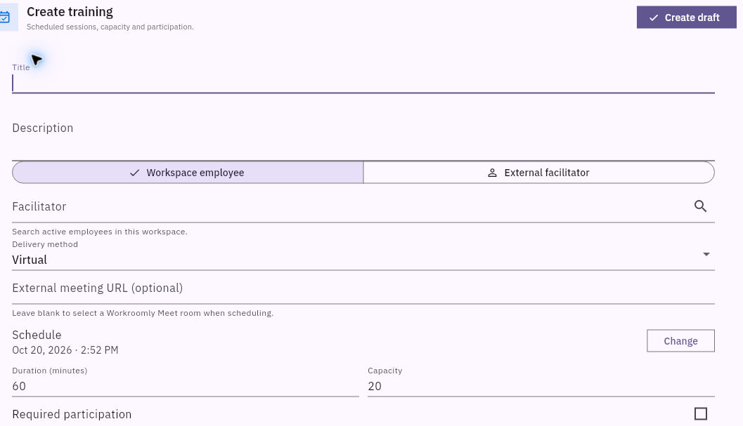 Check facilitator, delivery method, schedule, duration and capacity against the actual session plan.