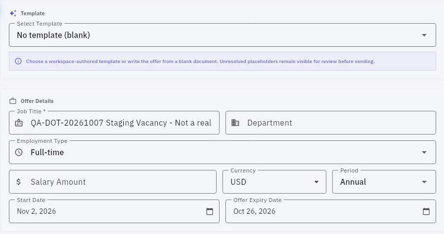 The offer composer has explicit salary amount, currency and period controls. Match all three to the agreed terms.