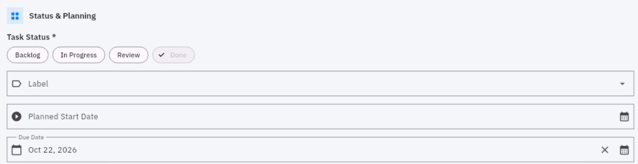 The actual task's Status & Planning fields provide the readable state and due date. Inspect them without changing selections during a source check.