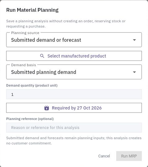 Run Material Planning distinguishes the demand source, product-unit quantity, required date and planning reference. Its helper states that the analysis does not create orders or reserve stock.