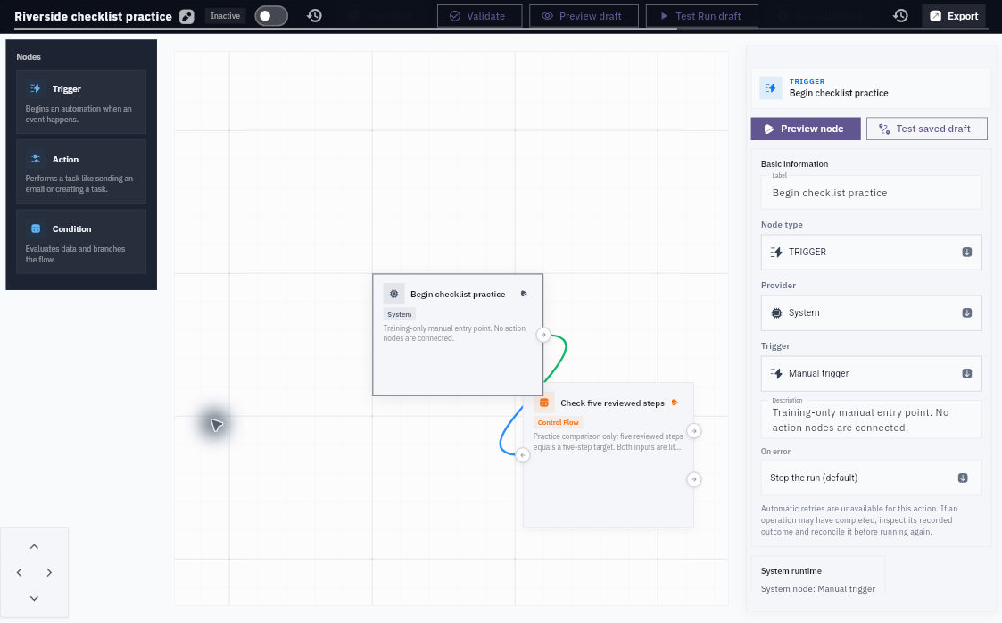 This Demo draft has a Manual trigger connected to an If / Else condition, with no downstream action nodes.