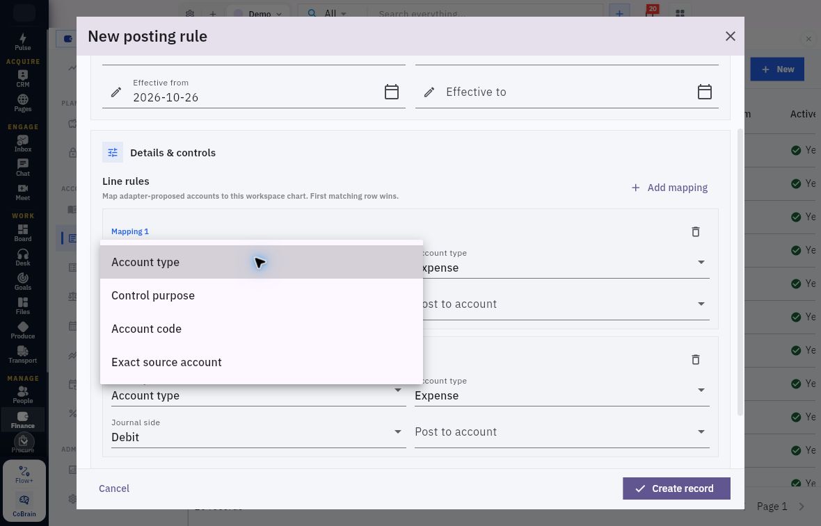 Match by menu with Account type Control purpose Account code and Exact source account