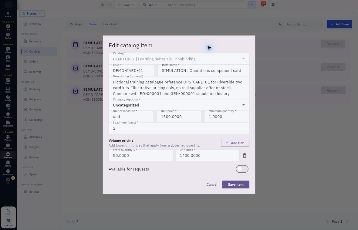 The item editor separates base price, minimum quantity and volume-price thresholds; these simulation values are illustrative, not buying terms.