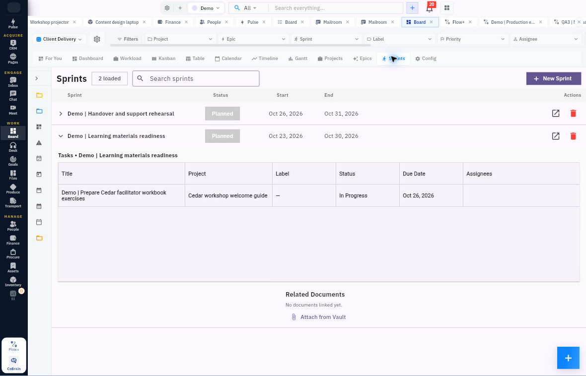 Expand a sprint to inspect its linked tasks, their projects, statuses, due dates and assignees. The sprint’s own dates appear above the task list. Demo data shown.
