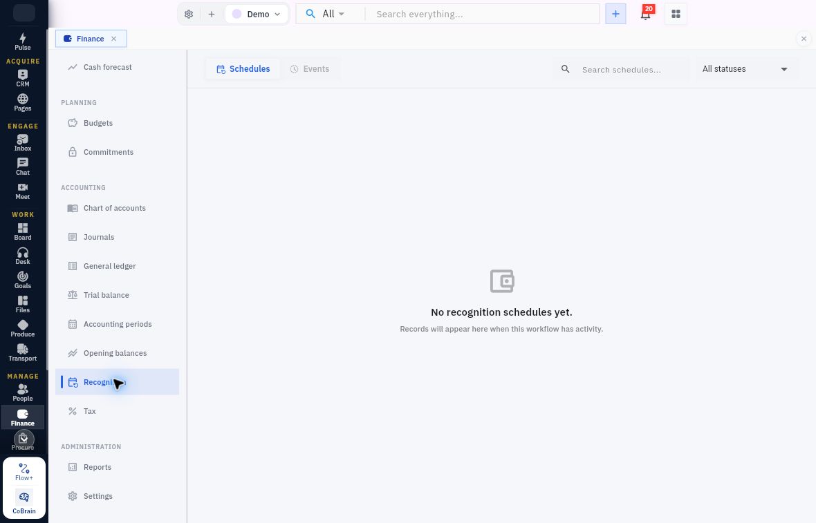 Recognition Schedules in Demo showing search, All statuses and an empty state