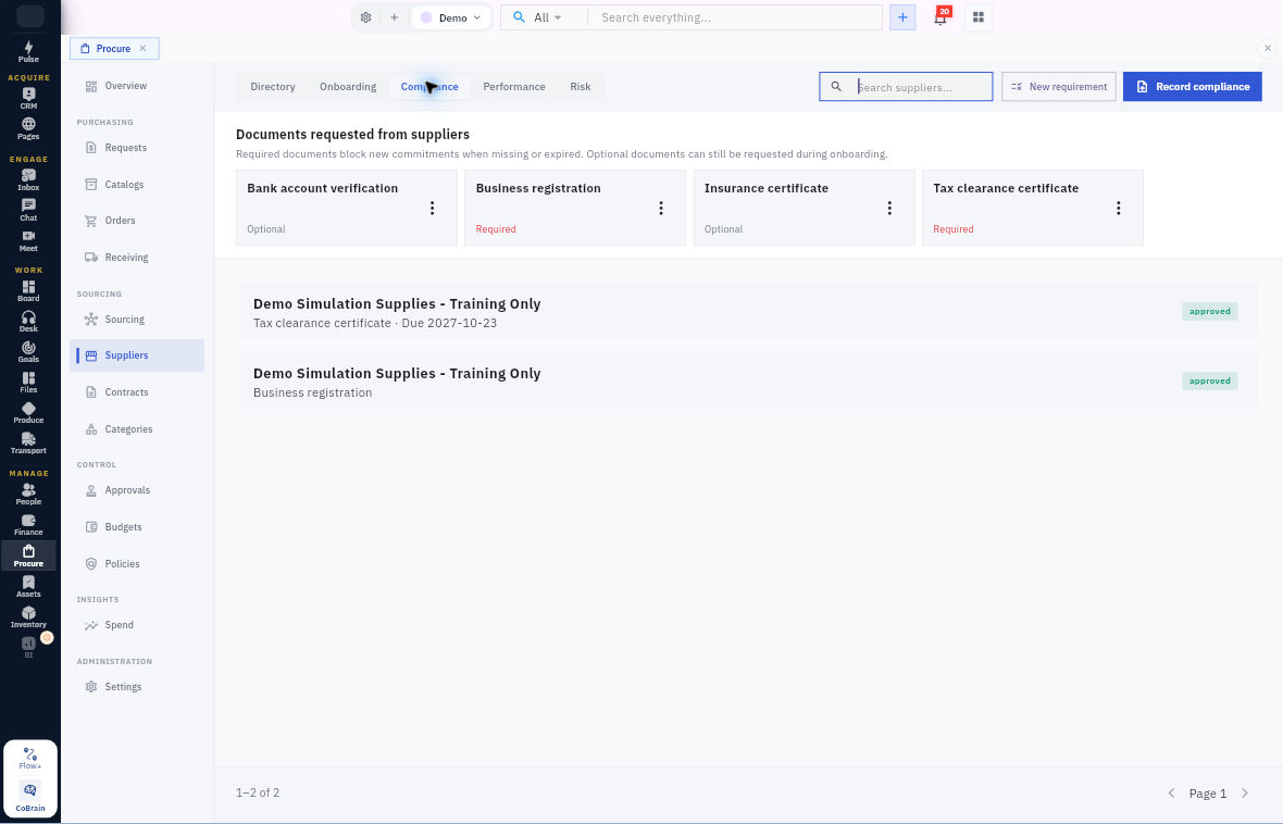 Compliance separates configured document requirements from supplier records and provides Record compliance for evidence submission.