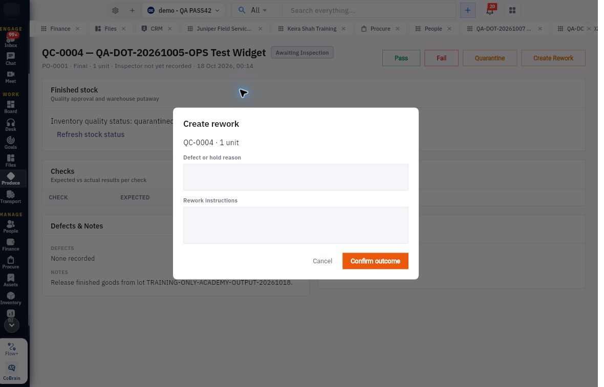 Create rework separates the defect or hold reason from the instructions for correction. Check the affected inspection and the action’s consequences before Confirm outcome.
