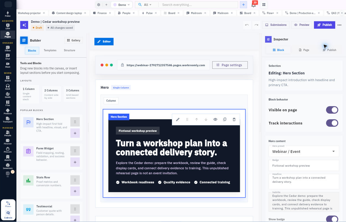 The Demo page builder shows a selected Hero Section, the Inspector, Draft and All changes saved. The example is not the Riverside enquiry page and does not prove publication or form delivery.