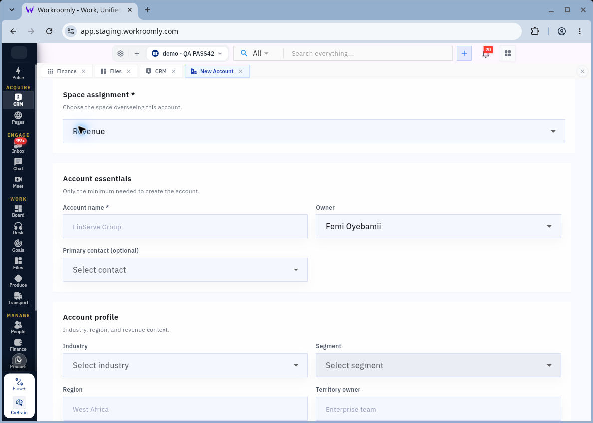New Account begins with Space assignment, Account name, Owner and optional Primary contact
