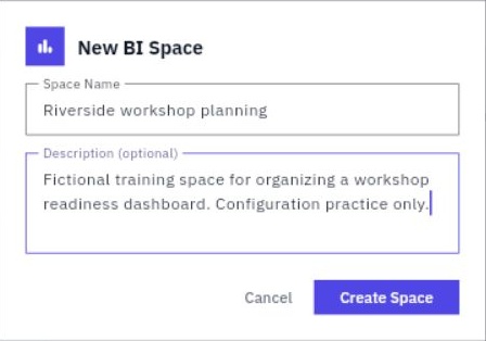 New BI Space stores an analysis-space name and description. The illustrated description explicitly identifies configuration practice rather than live reporting.