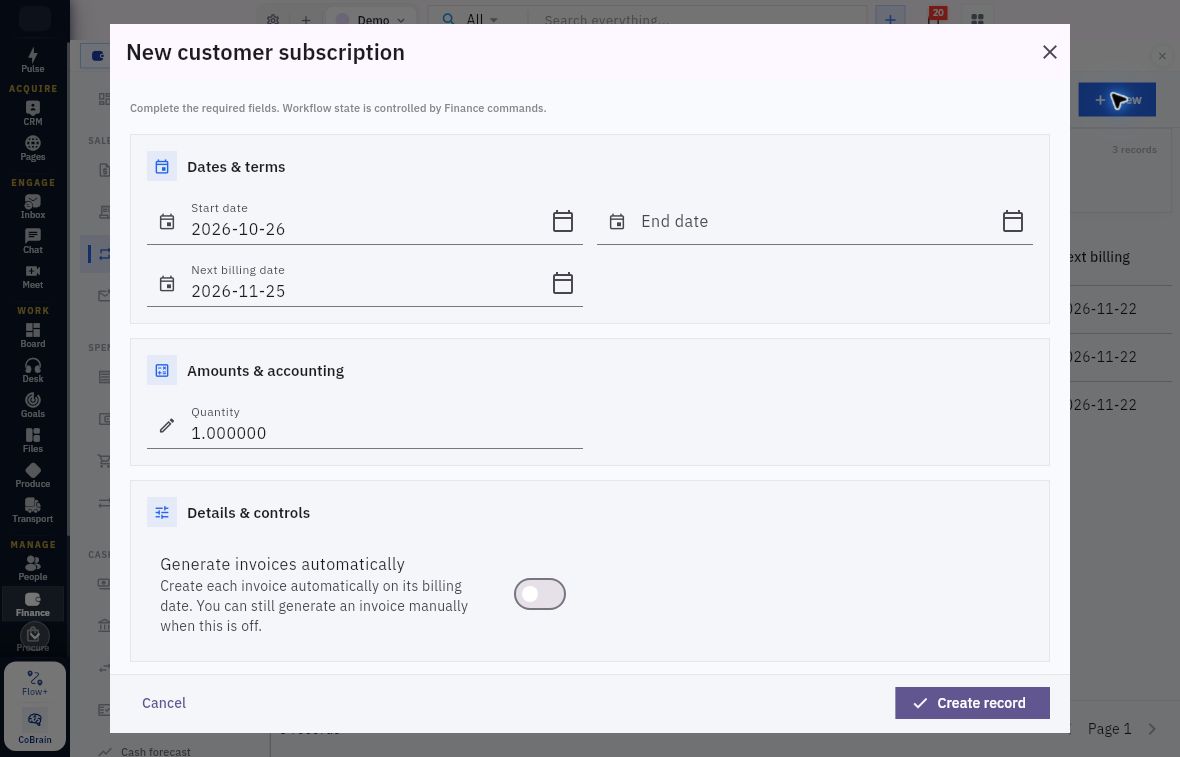 New customer subscription showing service dates, quantity and the automatic invoice switch