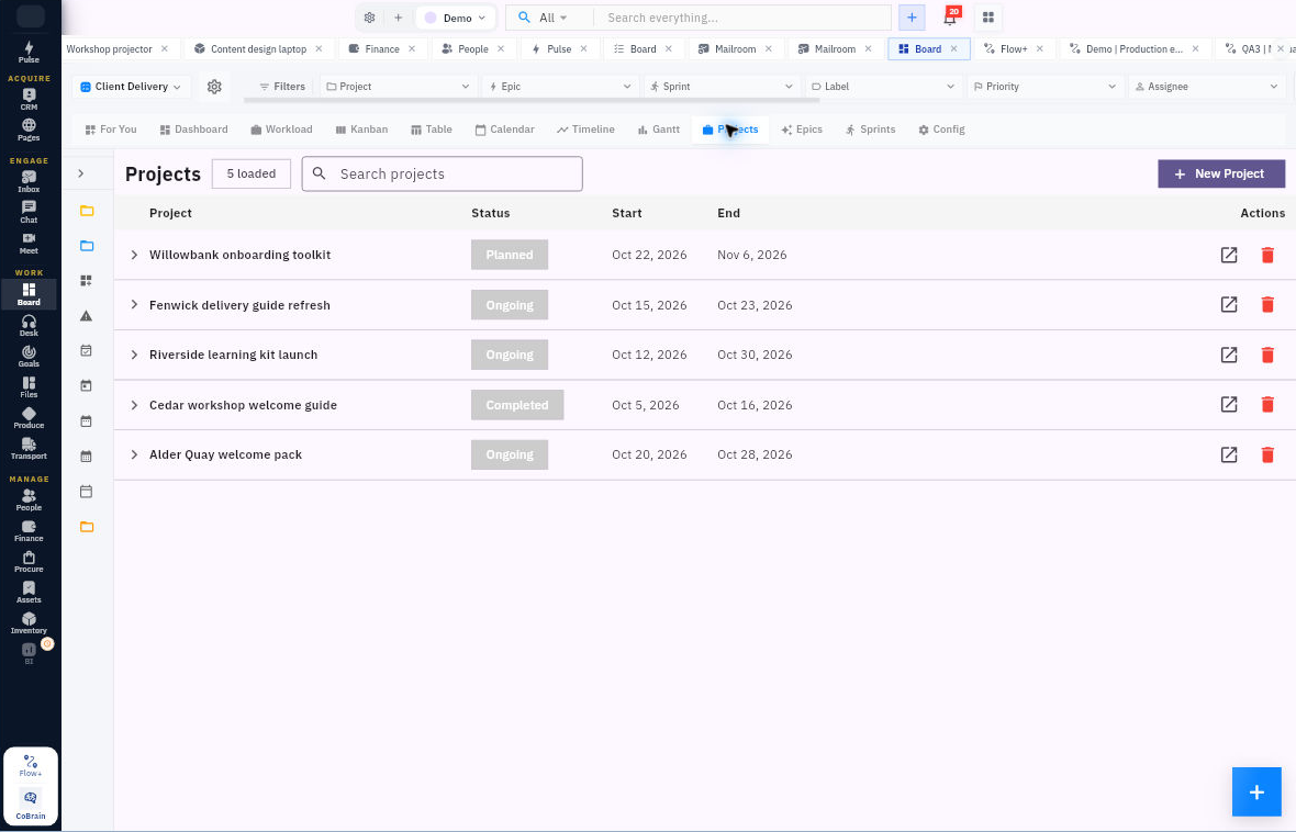 Projects displays each project’s own status and dates. Use Open to check its full detail and expand the chevron to review its tasks. Demo data shown.